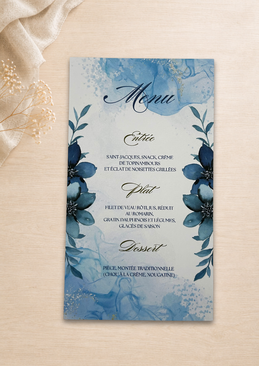 Menu mariage Floral bleu