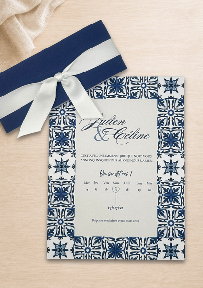 Faire-part mariage Azulejos Bleu marine