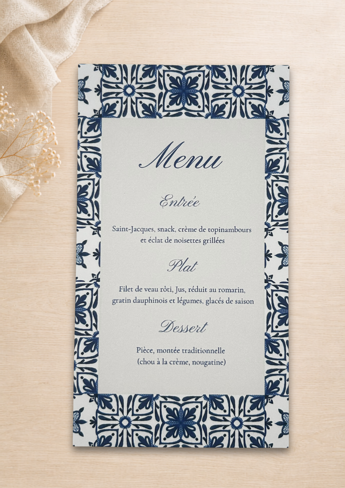 Menu mariage Azuleros Bleu marine